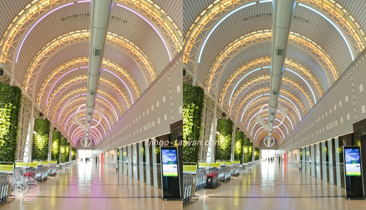 高雄国際空港　通路の照明の色が変わって綺麗でした