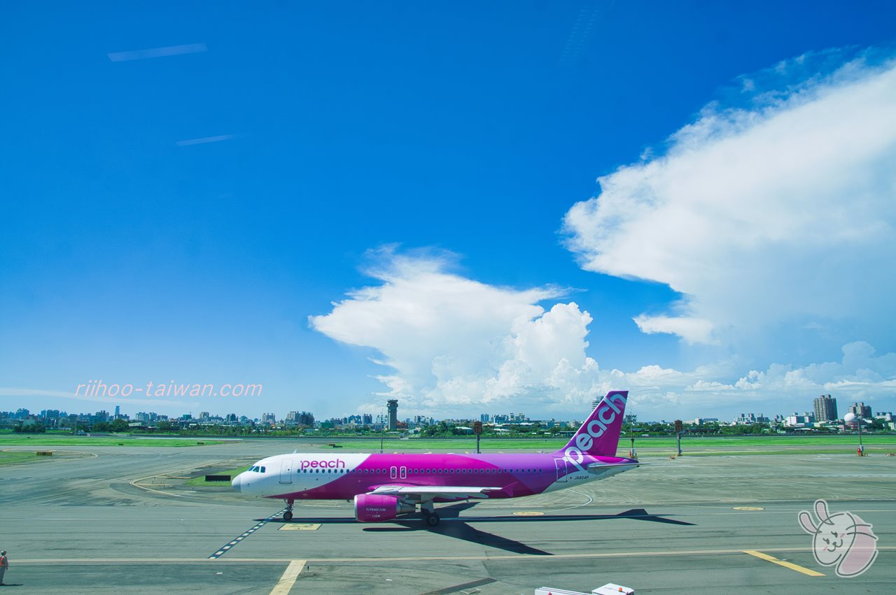 高雄国際空港　滑走路のピーチの飛行機