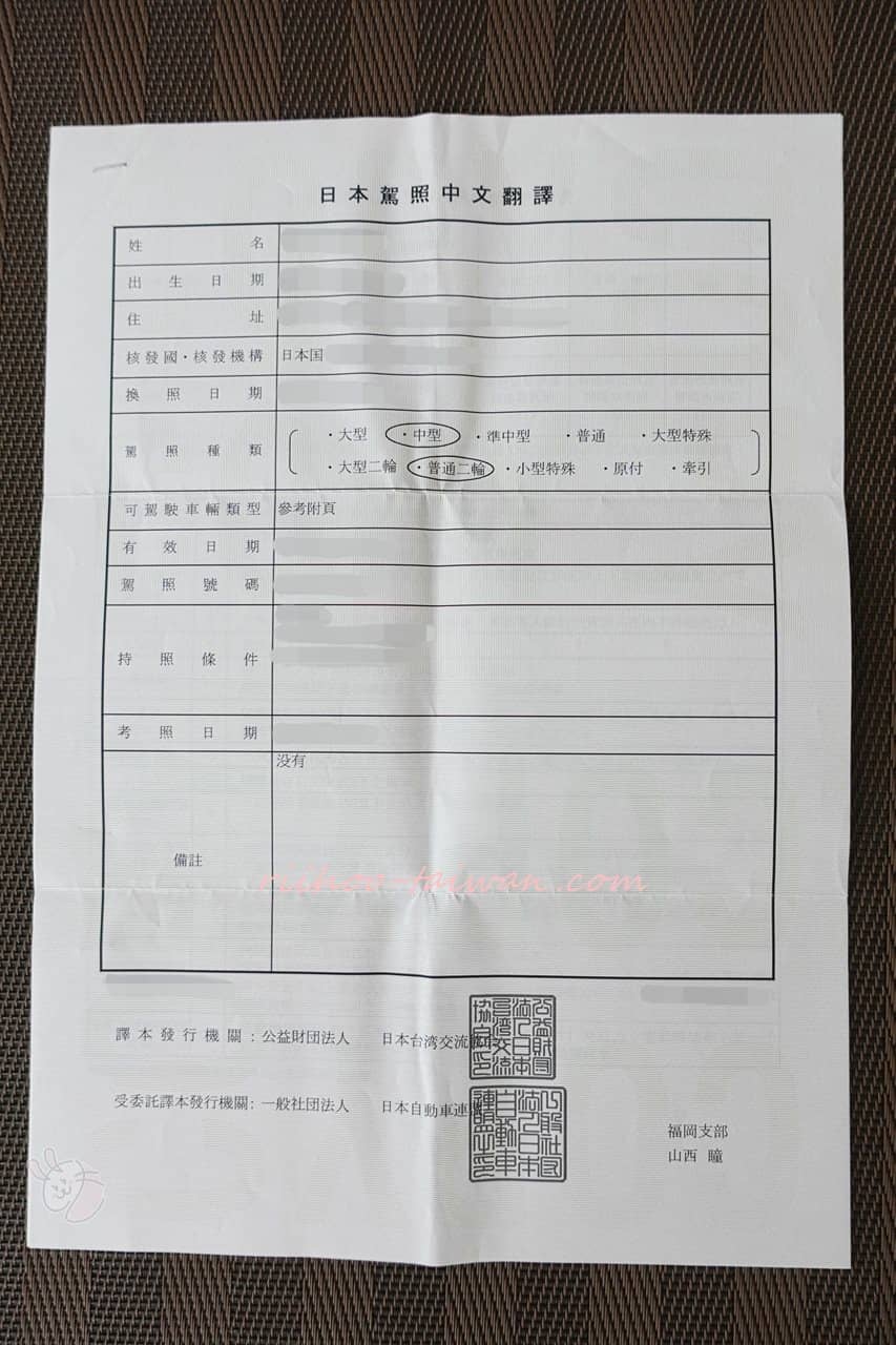 運転免許証の中国語翻訳文　JAF